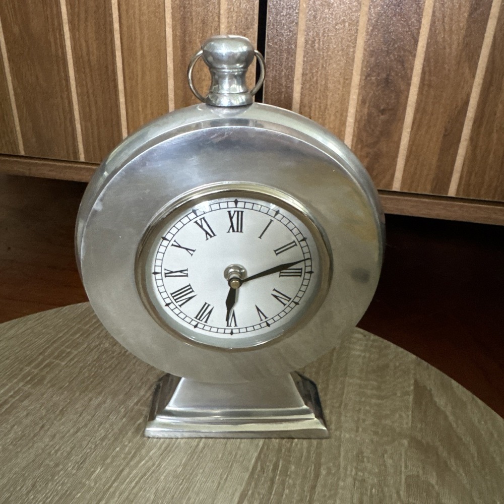 Silver Mantel Clock Pocket Watch Style Desk Top Table Bookshelf Heavy 9½"x7"x3"